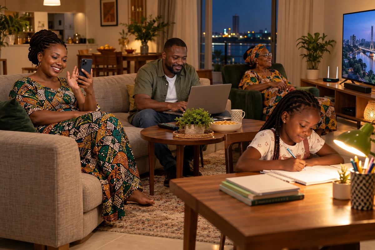 Une famille réunie dans un salon : appel vidéo sur téléphone, ordinateur connecté, devoirs sous une lampe et télévision allumée (image d’illustration)