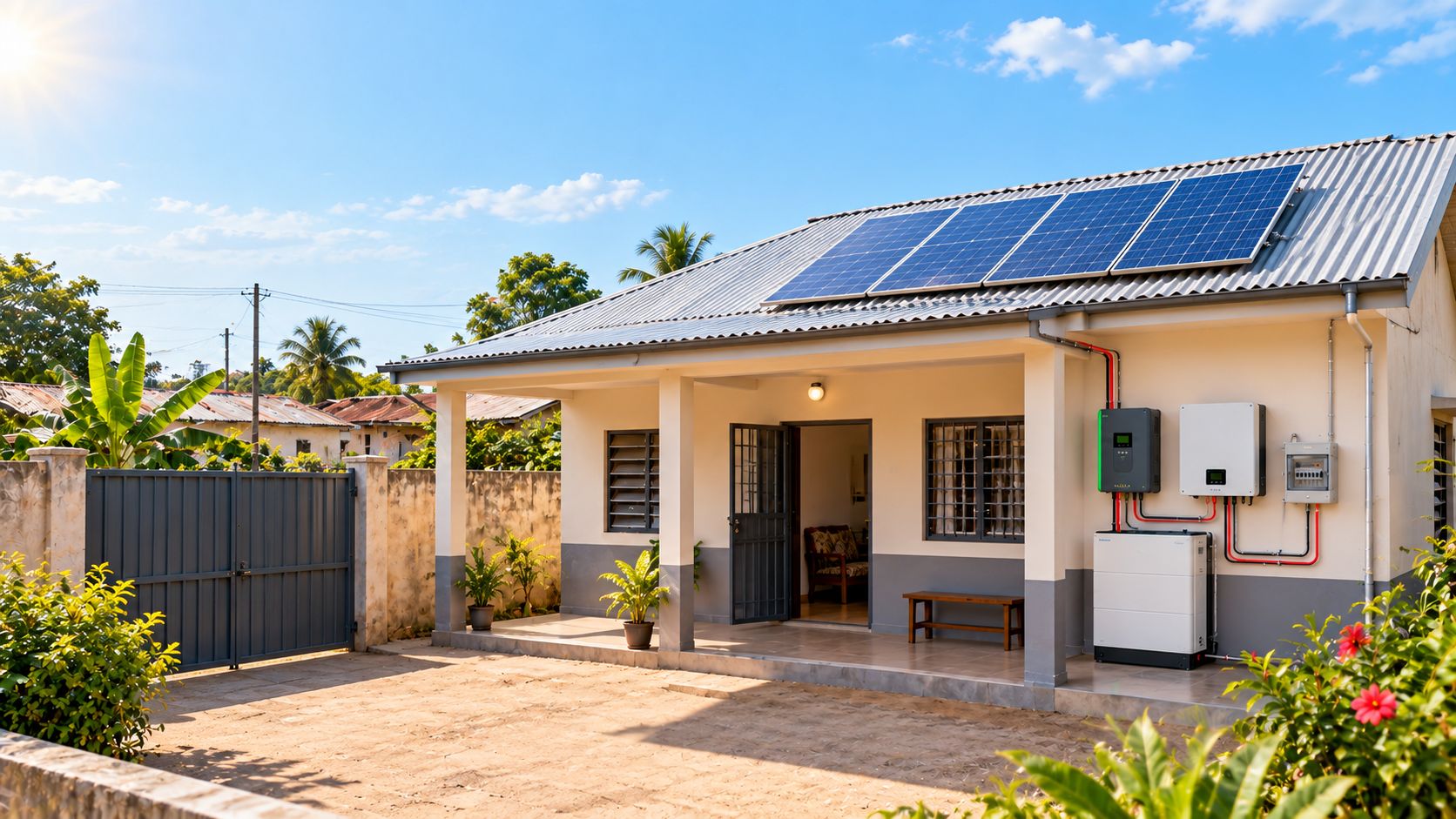 Maison équipée de panneaux solaires, d’une batterie et d’un onduleur (image d’illustration)